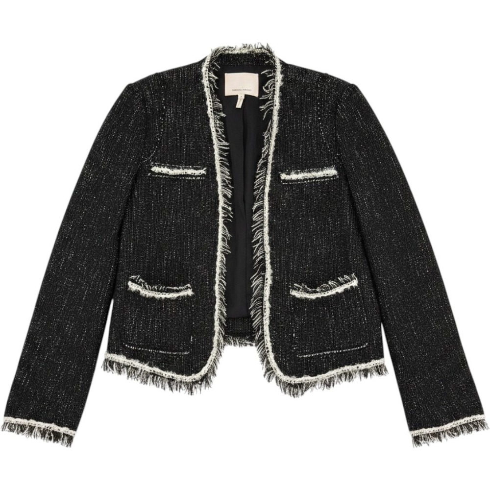 Rebecca Taylor Black Fringed Tweed Open Front Blazer Women's 10 Chic EUC